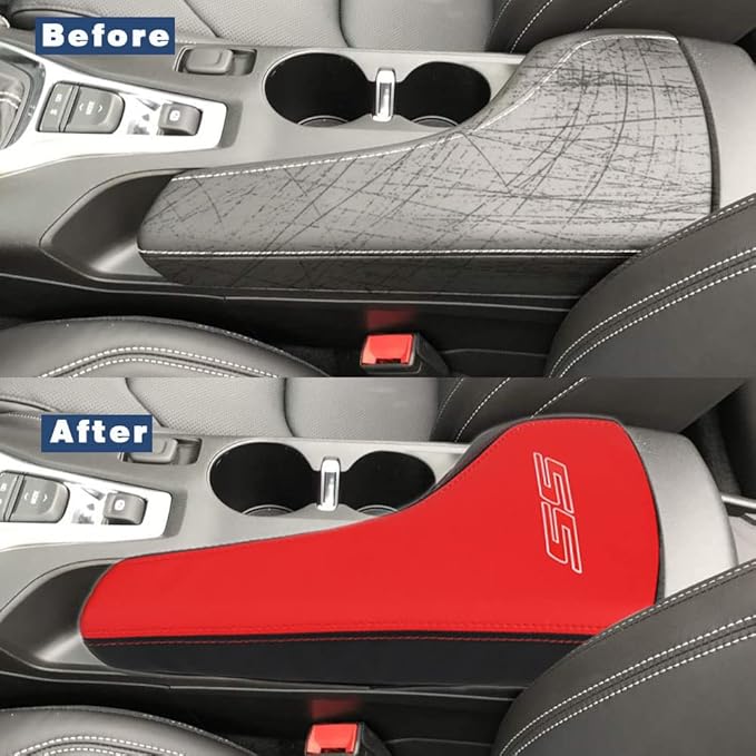 BOYOUS Armrest Cover Center Console Pad Full Protection Console Leather Arm Rest Interior Accessories Fit for Chevrolet Camaro 2016-2024-Red+Black