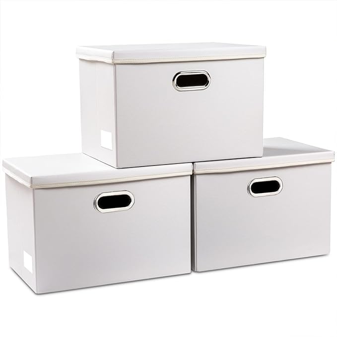 PRANDOM Large Stackable Storage Bins with Lids [3-Pack] Leather Fabric Foldable Storage Boxes Organizer Containers Baskets Cube with Cover for Bedroom Closet Office Nursery White (17.7x11.8x11.8)