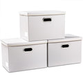 PRANDOM Large Stackable Storage Bins with Lids [3-Pack] Leather Fabric Foldable Storage Boxes Organizer Containers Baskets Cube with Cover for Bedroom Closet Office Nursery White (17.7x11.8x11.8)