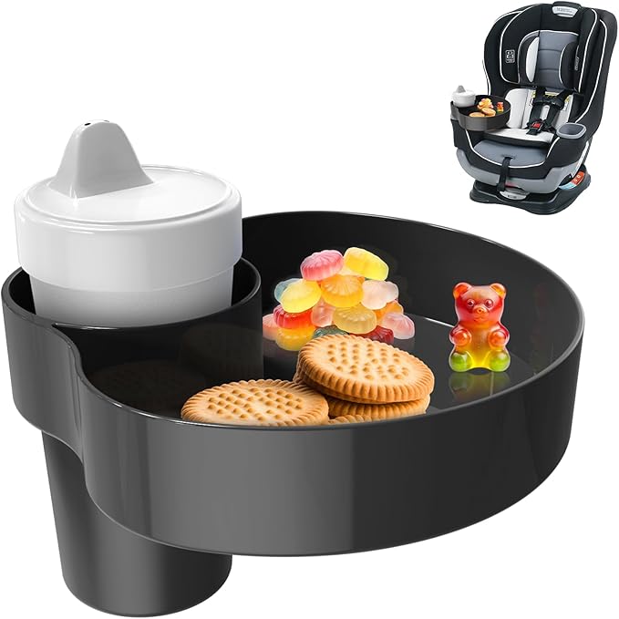 Car Seat Cup Holder Snack Tray Black, Toddler Travel & Road Trip Essentials Accessory for Mess-Free Snacking in The Car,Travel Tray for Kids Car Seat