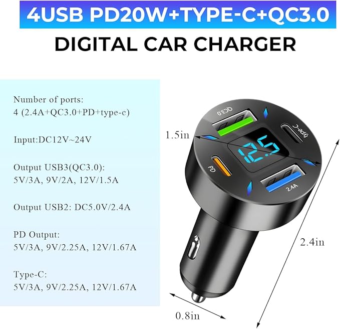 Augeny USB C Car Charger, 4 Port Auto Fast Charger with USB PD Type C & QC 3.0, Cigarette Lighter USB Automotive Adapter Compatible with Most Mobile Cell Phone, Car Accessories (PD+Type C)