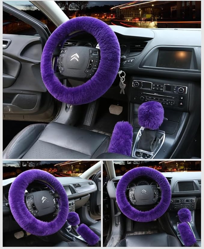 15inches Universal Leather Car Steering Wheel Cover Car Accessories Colorful Fuzzy Steering Wheel Cover Gear Shift Cover Handbrake Cover (Purple)