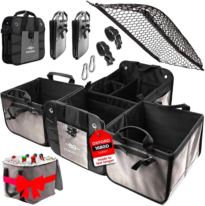 DURABLEZ Modular 5-Section Trunk Organizer XL – Car Storage for Groceries, Tools, Sports Gear, Emergency Kits – Extra Large Multi-Module Cargo Box, Foldable, Detachable, Heavy Duty Design – Gray