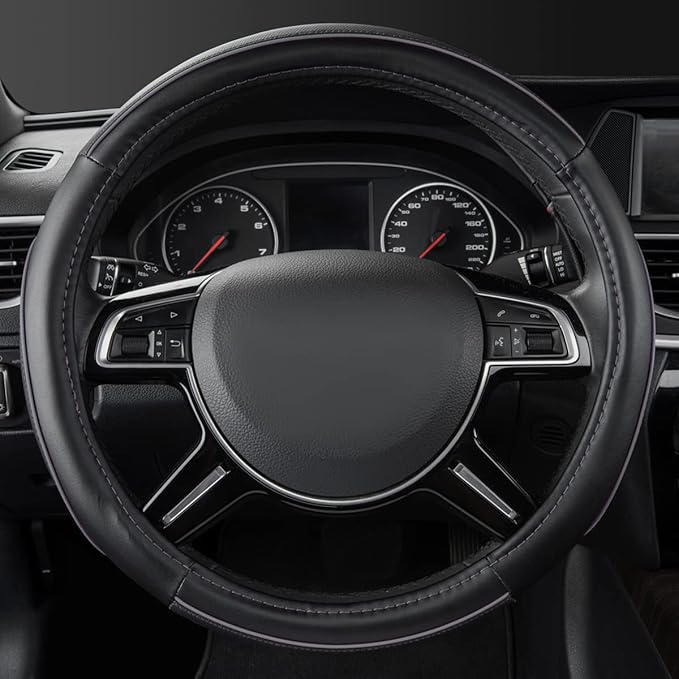 Car Pass Color Piping Microfiber Leather Universal Fit Steering Wheel Cover,Perfectly fit for 14.5-15 inches Suvs,Vans,Trucks,Sedans,Cars,Automotive(Black & Gray or Grey)
