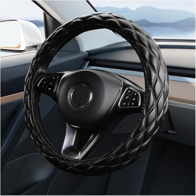 Car Steering Wheel Cover, 15" Soft Rubber Foldable Vehicle Steering Wheel Protector with Anti-Slip Lining, Automobile Interior Decoration Accessories, Universal for Most Vehicles (Black)