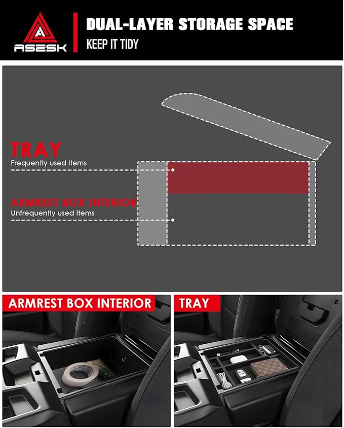 ASZSK for 2019-2026 Chevy Silverado/Sierra 1500& 2020-2026 Silverado 2500HD 3500HD (Split-Bench Folding Seat) Center Console Upper Center Console Organizer ABS Materials