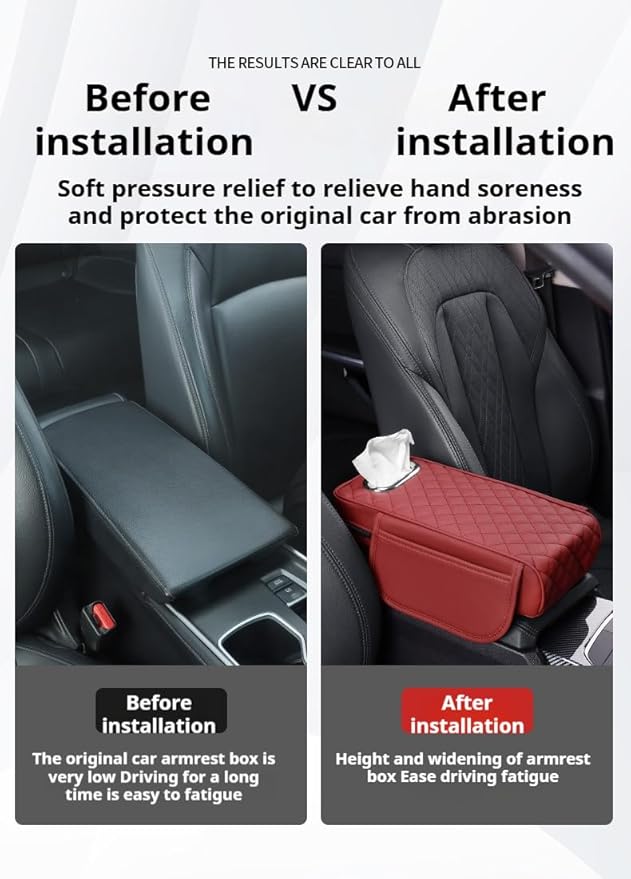 Center Console Cover Arm Rest Cover Leather Car Armrest Box Pad with Pocket Tissue Box Hole Auto Armrest Cover Cushion for Car Vehicle (Black-Red)