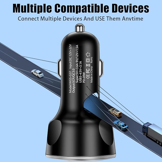 5 Port USB Car Charger, 250W Super Fast Charging Cigarette Lighter Adapter with LED Voltage Monitor, 4USB+Type C Multi Port Car Accessories Interior Compatible with Most Smart Phone (Black)