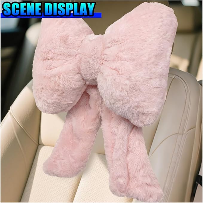 Bow Car Headrest Pillow, Plush Soft Comfortable Warm Car Neck Pillow with Adjustable Strap, Universal Breathable Ergonomic Vehicle Interior Neck Support Cushion for Fatigue Relief (Pink)