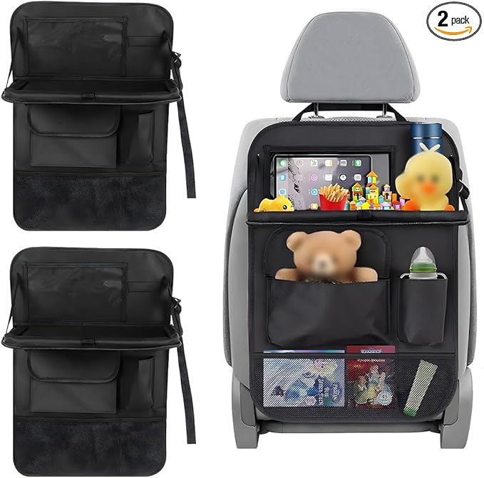 2PCS Car Backseat Organizer, Waterproof Practical Back Seat Protector with Tablet Holder, Hanging 6 Storage Pockets with Foldable Table Trays for Vehicles, Car Accessories