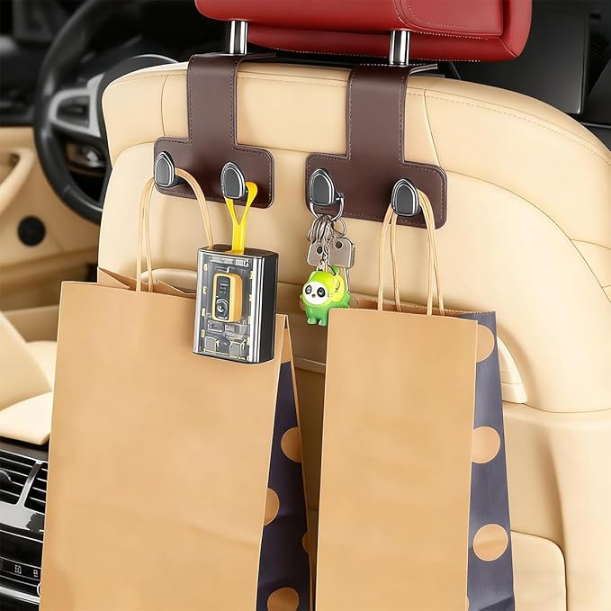 2PCS Car Headrest Hook, Dual Hook Leather Vehicle Back Seat Storage Organizer for Handbag Purse Hat, Multifunction Automotive Seat Back Hanger Holder, Universal for Most Vehicles (Coffee)