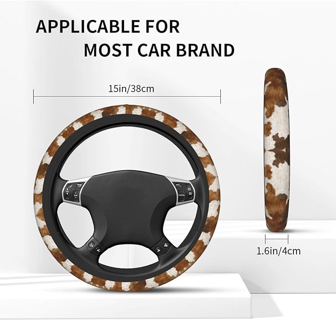 Western Cow Print Steering Wheel Cover Elastic Non-Slip Car Steering Wheel Covers with Seat Belt Shoulder Pad for Women Men