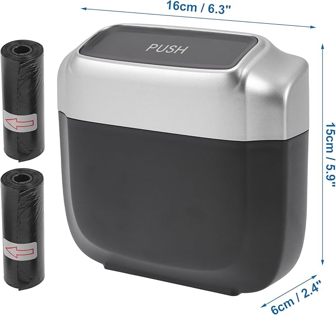 Car Trash Can Hanging 6.3" Length 2.4" Width 5.9" Height Trash Bin Plastic Silver Tone 1 Set