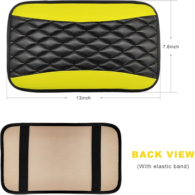 Car Center Console Cushion Pad, 12.6"×7.5" Waterproof Leather Armrest Seat Box Cover Protector, Soft Comfortable Anti-Scratch Arm Rest Console Pad for Most Cars Trucks SUVs (Black & Yellow)