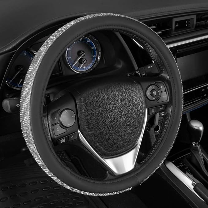BDK Bling Bling Glitter Diamond Leather Steering Wheel Cover with 9 Rows Crystal Rhinestones, Fits Wheels 14.5-15 inch for Women/Girls Crystal Rhinestones - Silver