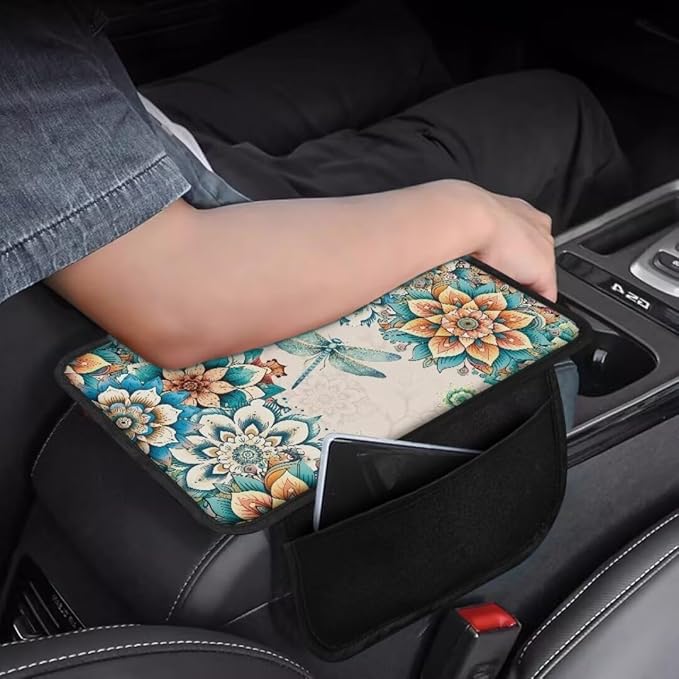 Boatee Flower Dragonfly Car Center Console Cover Auto Arm Rest Mat for Car Armrest Organizer for Car Console Cushion Comfortable Console Cover Universal Armrest Box Pad Interior Decor White