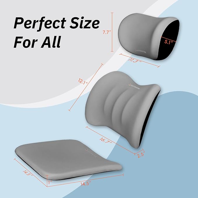 GEEYONTEK Car Seat Cushion with Neck Pillow & Lumbar Support Kit Back Sciatica Tailbone Pain Relief Car Pillows Ergonomic Memory Foam Back Support for Driving Seat Office Chair Wheelchair Grey