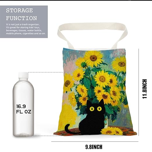 Pykfrhh Black Cat Car Trash Bag, Car Trash Bag Hanging, Waterproof Cars Back Seat Hanging Organizer and Storage Trash Bags for Vehicle Travelling Camping Sunflowers Decor