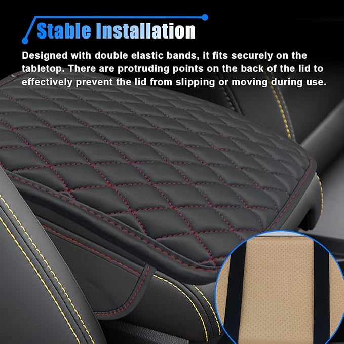 Car Center Console Cover, Car Armrest Cover Cushion, Leather Support Pad with 2 Storage Bags, Universal Interior Decorative Accessory for Most Vehicles, SUVs, Trucks, RVs (Red)