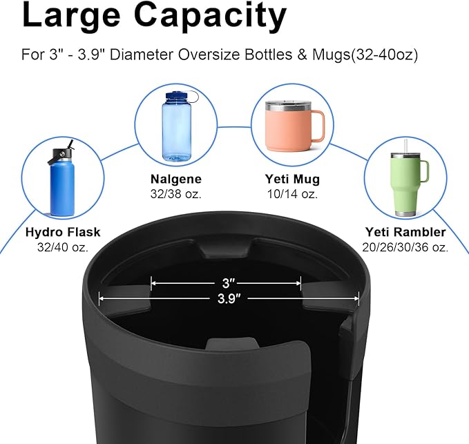 Kincown Car Cup Holder Expander, Large Cup Holder Extender for Car with Adjustable Base, Water Bottle Holder Adapter Fits Yeti, Hydro Flask 24/32oz, Big Water Bottles in 3"-3.9", Black