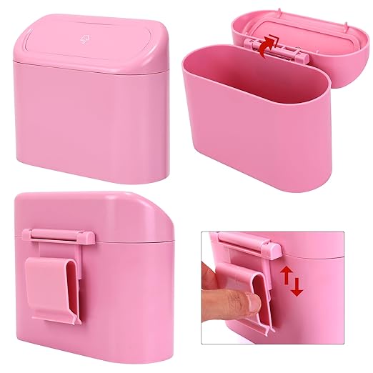 Ginsco Mini Car Trash Can with Lid, Small Car Garbage Can, Cute Leakproof ABS Car Trash Bin, Car Accessories for Interior, Garbage Bin for Car, Home, Office with 60pcs Trash Bags Pink