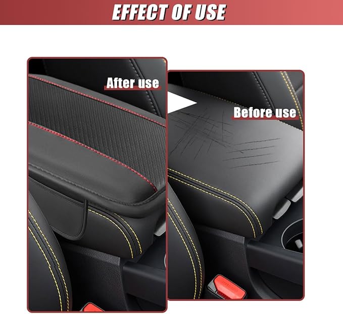 Car Center Console Cover, Carbon Fiber Leather Car Armrest Cover Protector, Auto Middle Console Support Pad with Side Storage, Universal Storage Box Cushion for Most Vehicle Interior (Black)