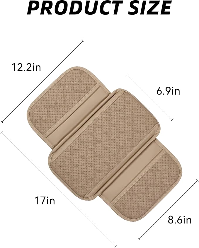 Car Armrest Cushion, Leather Soft Vehicle Center Console Cover with 2 Storage Bag, Breathable Automotive Interior Arm Rest Protection Pad Accessories, Universal for SUV Sedan Truck(Beige)
