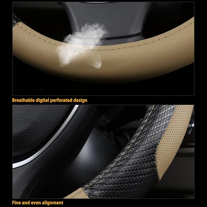 zipelo Elastic Stretch Steering Wheel Cover, Microfiber Breathable Ice Silk, Universal 15 Inch Anti-Slip Car Steering Wheel Protector, Warm in Winter and Cool in Summer for Women (Style1-Beige)