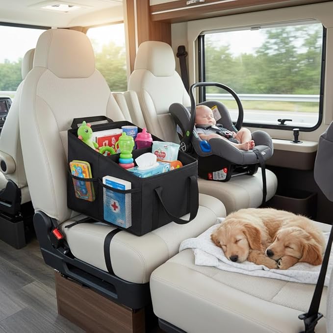 Car Seat Organizer for Front & Back Seat, Passenger Seat Storage Caddy with Divider, Mesh Pockets & Handles, Foldable Waterproof Car Organizer for Kids & Adults