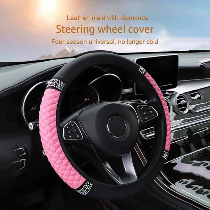 WLERIR Microfiber Leather Steering Wheel Cover with Anti-Slip Lining Universal Car Accessory for Steering Wheel with a Diameter of 14.5-15 inch (Pink)