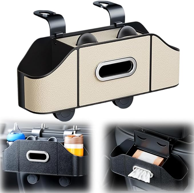 Multifunctional Car Back Seat Storage Organize with Tissue Holder, 2 Cup Holders and Purse Hooks, For Phones, Snacks, Drinks, Bags, Travel Storage (Beige)