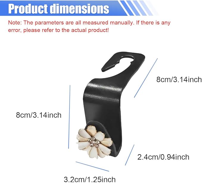 Craedli 2PCS Bling Flower Car Seat Headrest Hook, Cute Rhinestones Car Mini Hook Auto Back Seat Hanger Organizer, Portable Vehicle Interior Bag & Purse Storage Holder for SUV, Sedan, Truck (White)