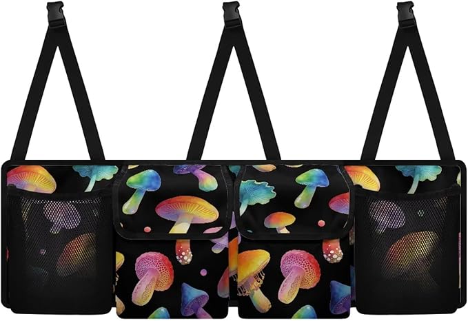 Colorful Mushroom Car Trunk Hanging Organizer, Thick Backseat Storage Bag with 2 Pockets and 3 Adjustable Shoulder Straps, Foldable Interior Accessories Valentine Decoration