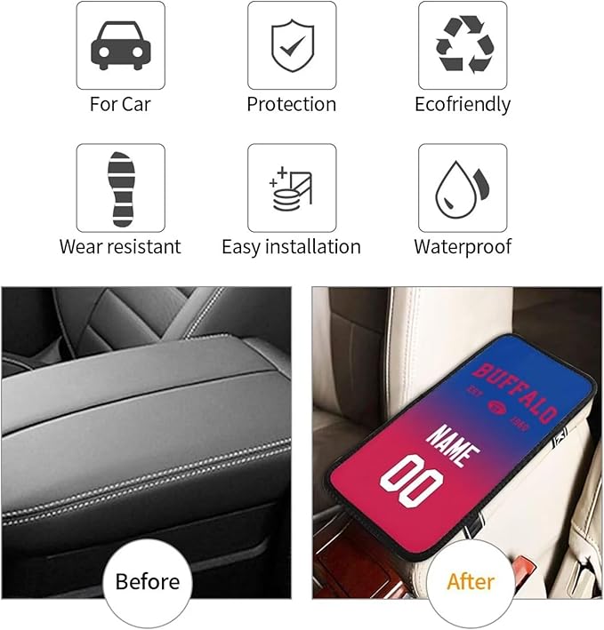 Custom Car Armrest Cover,Add Personalized Name and Number As Gifts for Loyal Football Fans,Auto Center Console Pad Car handrail Box Cushion,Fit for Most Car