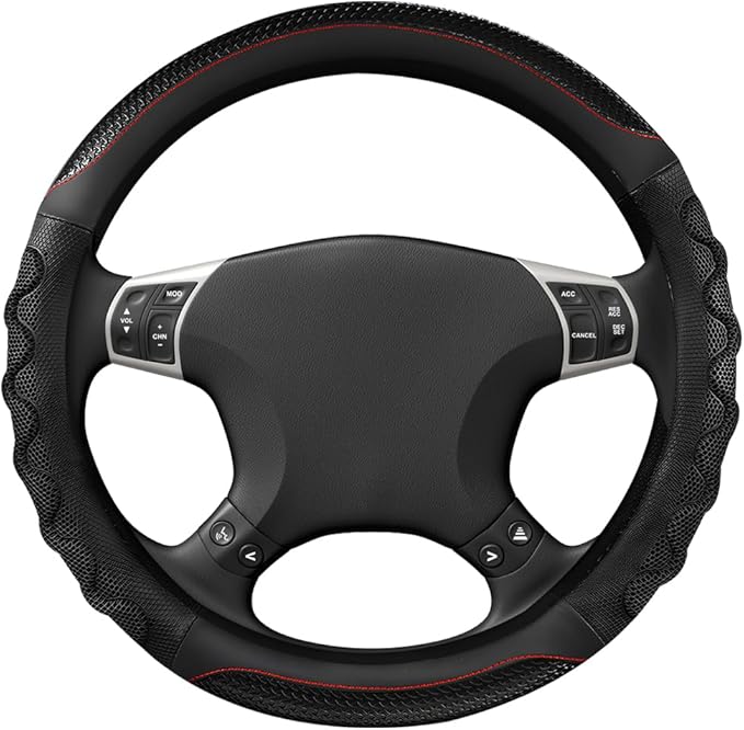 Car Steering Wheel Cover, 15 Inches 3D Honeycomb Design Car Steering Wheel Protector with Comfy Grip, Breathable Anti-Slip D-Shaped Steering Wheel Sleeve for Most Vehicles (Black, Round)