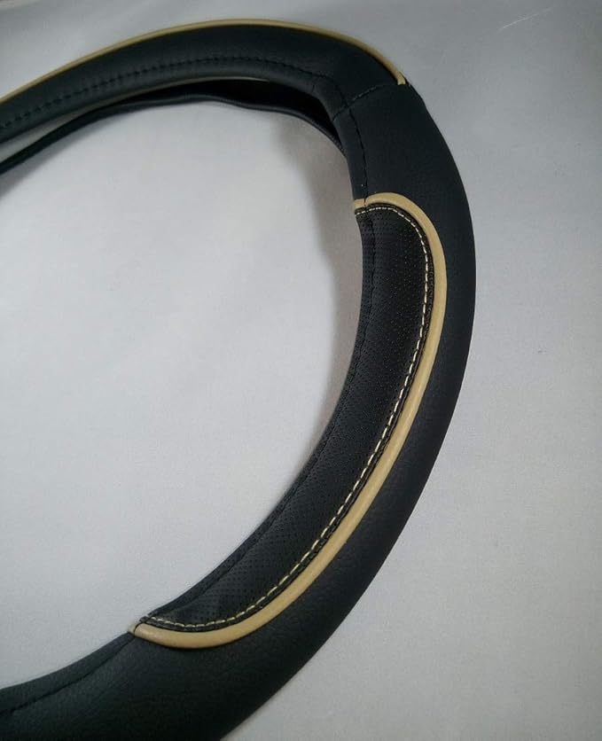 Jdragon Black + Beige Line PU Leather Best Grip Slip-On Steering Wheel Cover 14.25-15" Diameter