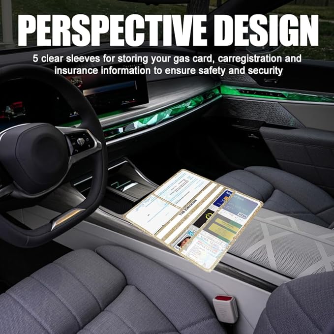 Vehicle Glove Box Car Organizer, Car Registration and Insurance Holder, Insurance Card Holder for Cars, Leather Card Holder Interior Auto Accessories for Women (Glitter-Gold)