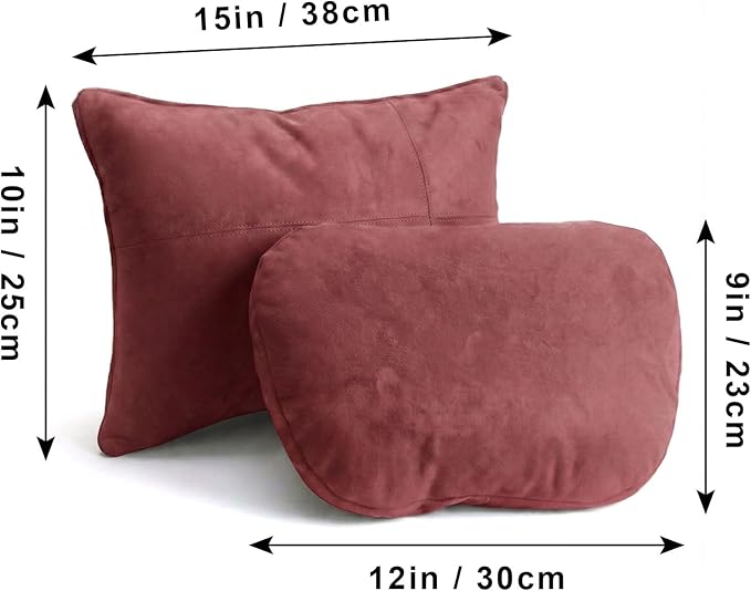 2PCS Car Pillow for Car Neck Pillow for Driving Seat Leather Neck Support Soft Cushion Back Support Head-Rests for Vehicle Sleeping with Elastic Adjustment Strap (Red, Head and Lumbar)
