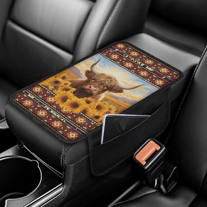 Boatee Highland Cow Sunflower Center Console Cover for Car Arm Rest Mat Armrest Pad for Car Console Organizer Auto Console Cushion Pad Arm Rest Box Pad Car Interior Protcetor Stylish Decor Brown