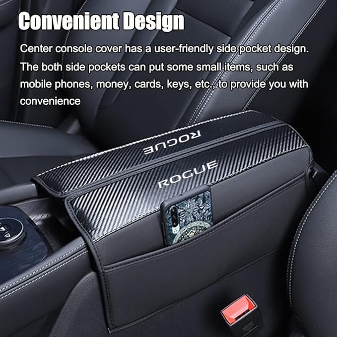 XITER 1PC Leather Center Console Armrest Cover with Side Pockets for Nissan Rogue 2021 2022 2023 2024 2025 2026 Accessories(Red Stitches)