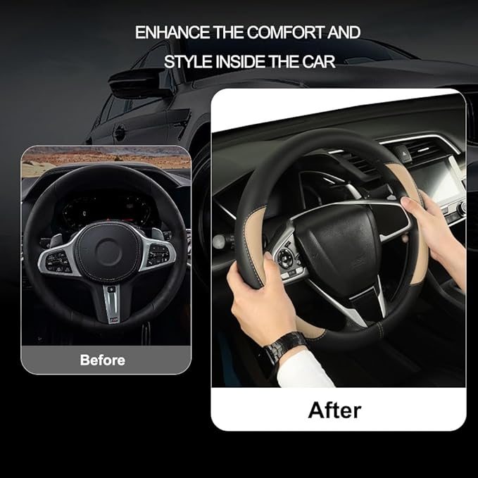 Car Steering Wheel Cover,Microfiber Leather Steering Wheel Cover Universal 15.5-16 inch, Anti-Slip Breathable Auto Wheel Cover Protector for Men Women (Black&Beige)