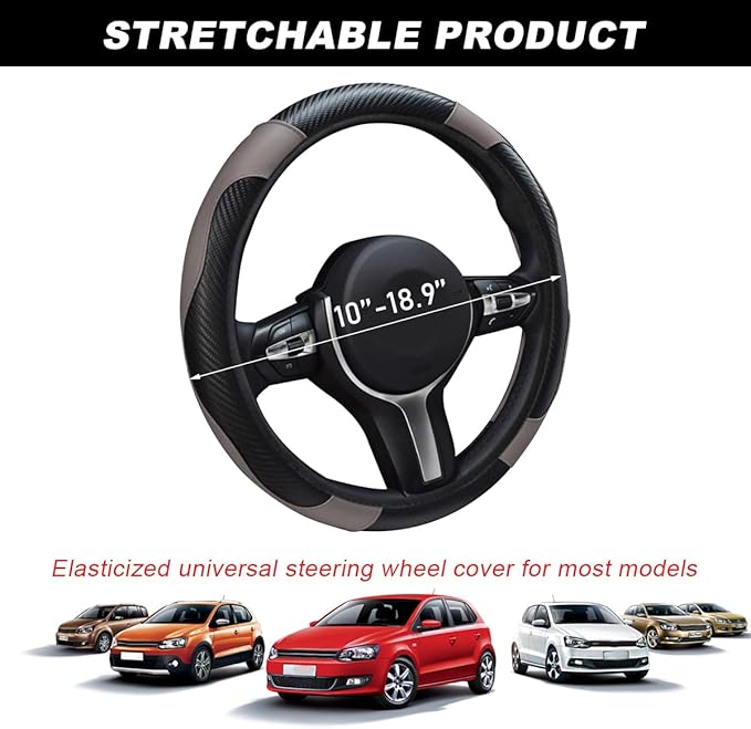 Car Steering Wheel Cover, 15 Inch Carbon Fiber Leather Stitching Color Steering Wheel Protector, Anti-Slip Elastic Breathable Steering Wheel Cover Stylish Decor for Most Cars (Black & Gray)