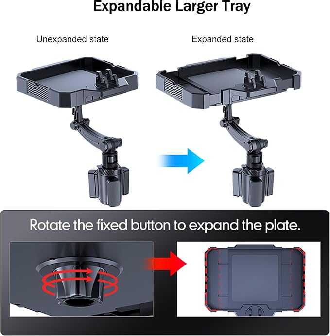 5 in 1 Car Cup Holder Tray Expander, Detachable Food Table Tray with Solid Base, 7.9~9.8 inch Expandable Car Travel Cup Coffee Table Stand 360° Rotating Tray with Phone Holder, Road Trip Essentials
