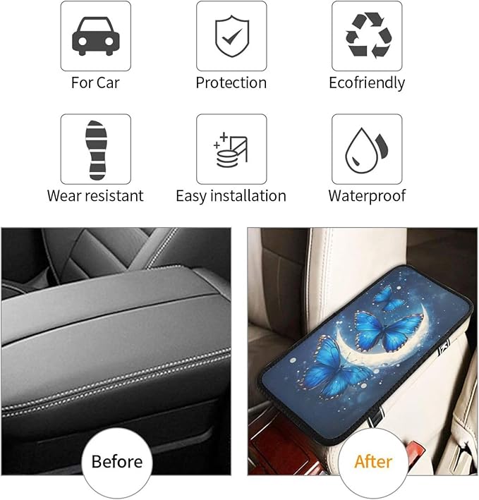 Universal Car Center Console Cushion Pad, Blue Butterfly Moon Soft Waterproof Car Center Console Cover Auto Armrest Seat Box Cover Protector for Most Vehicle SUV Truck Car