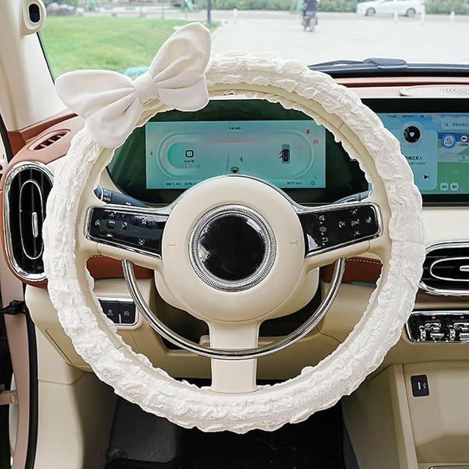 Car Steering Wheel Cover Cloth Puffrug car with Anti-Slip Sweat-Absorbing Handlebars Woman car Steering Wheel Cover Gift for Sister's mom Teacher (Red Bow)