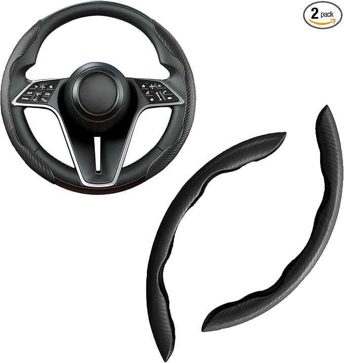 LevChall Carbon Fiber Steering Wheel Cover, 2-Piece Set Anti-Skid Comfortable Grip Segmented Butterfly Design, Easy Snap-On Installation Universal Fit 99% Cars, Black