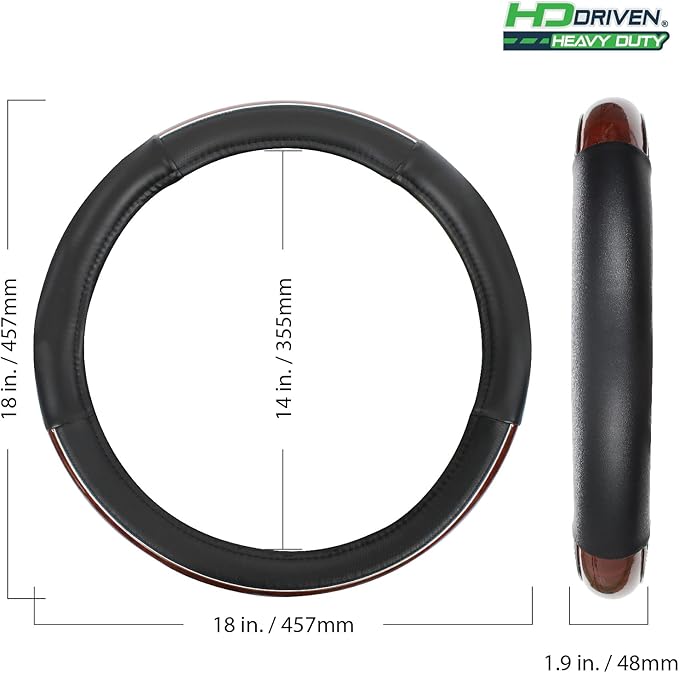 HD Driven SWC Premium Woodgrain Leather Steering Wheel Cover – 18” Diameter for Semi-Trucks, Ribbed Rubber Core & High-Performance Leather, Vehicle Accessories