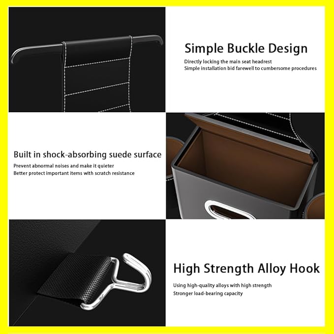 Seat Back Organizer, Full Leather Cover Tissue Case Headrest Storage Box with 2 Cup Holders and Hook Multi-functional Durable Back Seat Storage Tool for Family Travel and Kids Care Orange