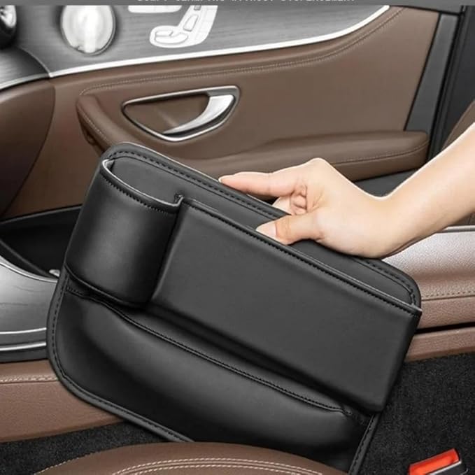 Car Seat Gap Filler Organizer with Cup Holders, Seat Gap Storage Box for Drinks, Phones, Keys, Sunglasses, Cards, and Small Essentials (Black, Driver's Seat)