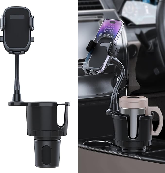 JINKEY Cup Holder Phone Mount, 360°Rotation Gooseneck Car Cup Holder Expander with Cell Phone Holder with Adjustable Base Phone Cup Holder for Car Compatible with iPhone & All Smartphones